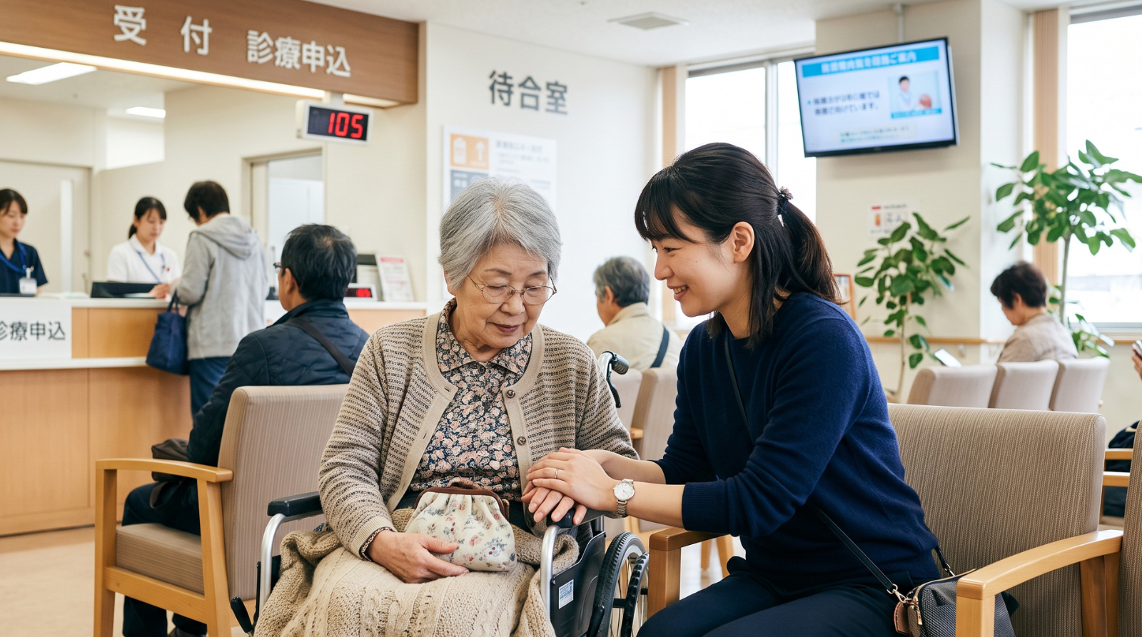 高齢の親族の通院に付き添う女性。
